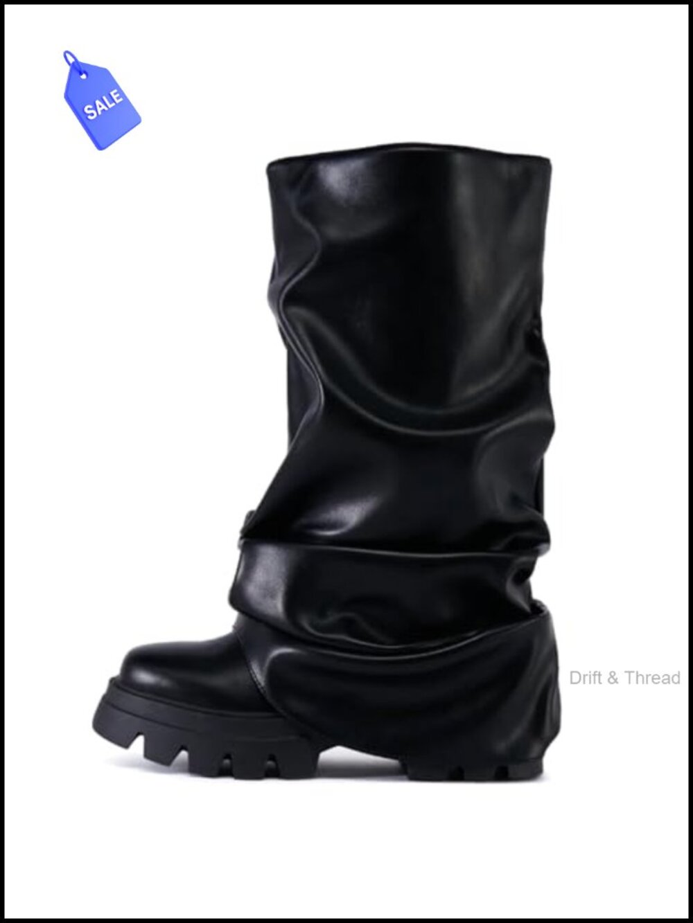 Slouched Ruched Fold Over Wide Calf Platform Chunky Heel Mid Calf Boots